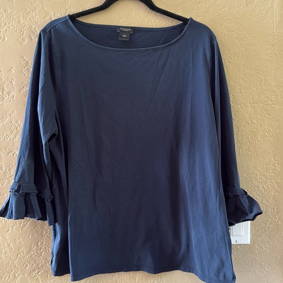 Ann Taylor Women’s Cotton Crew Neck Tunic Ruffles 3/4 Sleeves Navy Size XL - Picture 2 of 8